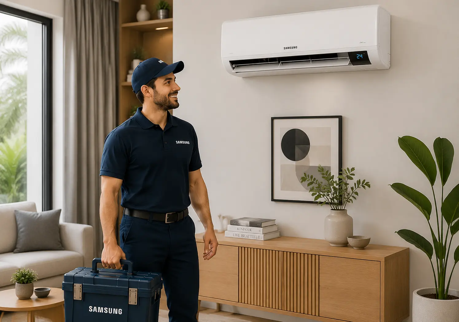 Samsung engineer with a service toolkit beside a wall-mounted split air conditioner