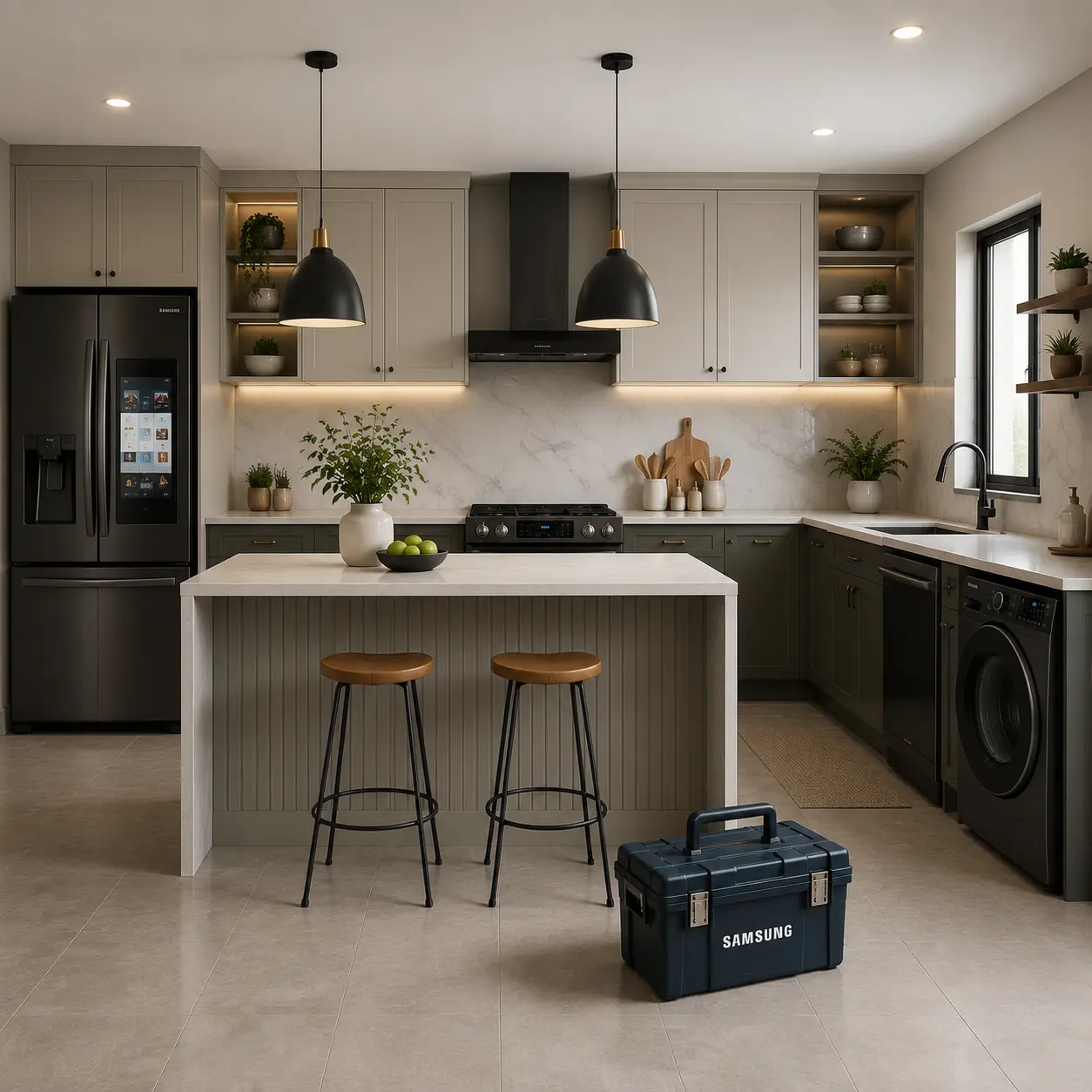 Samsung appliances in a modern kitchen with a service toolkit