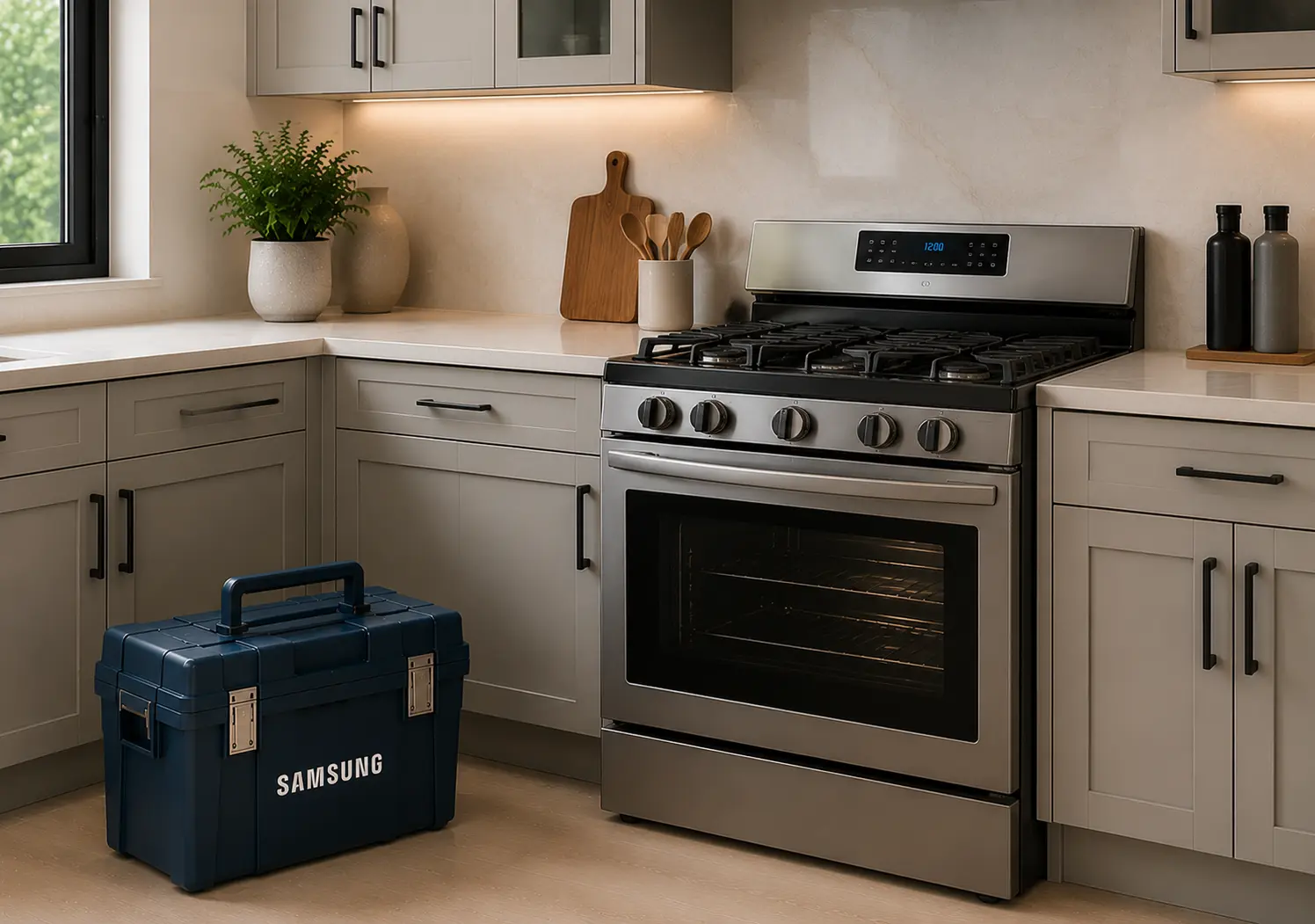 Samsung gas cooking range and oven with a service toolkit alongside