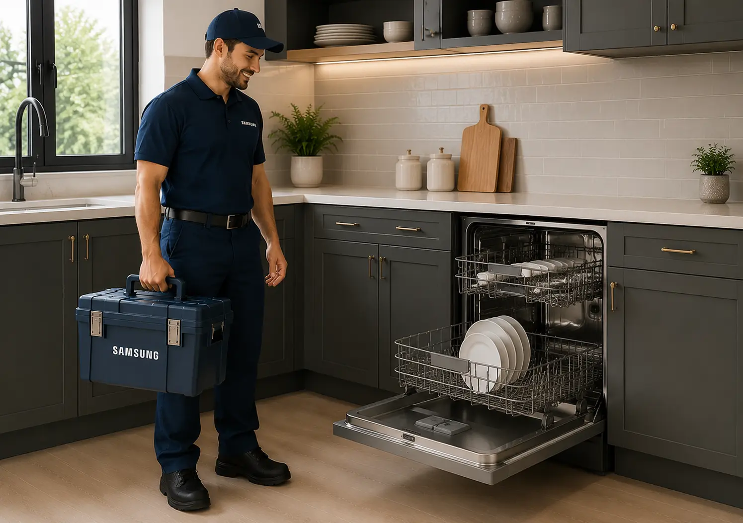 Samsung engineer beside an open dishwasher in a fitted kitchen