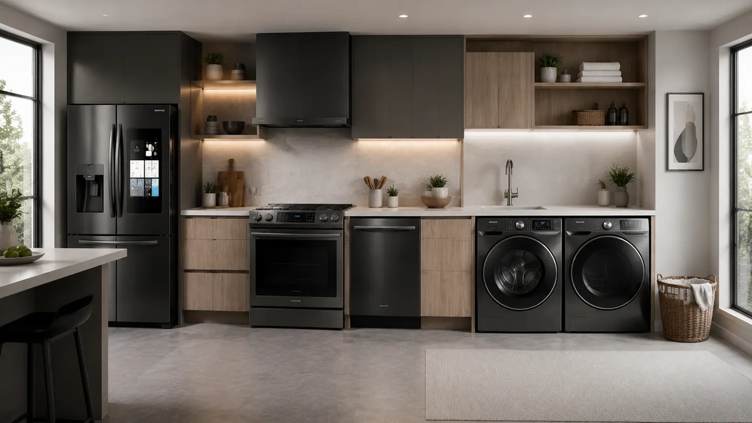 Samsung refrigerator, cooker and laundry appliances in a modern kitchen