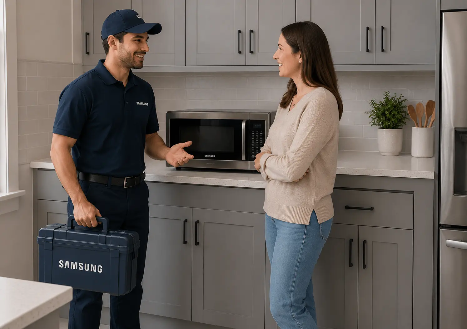 Samsung engineer explaining a microwave oven repair to a customer