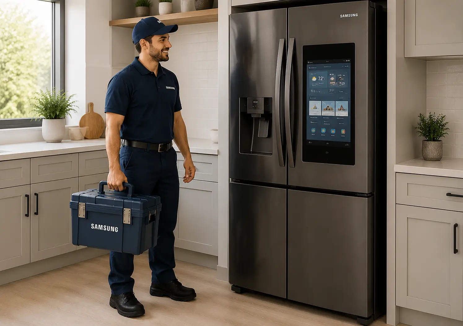 Samsung engineer beside a smart refrigerator with a built-in screen