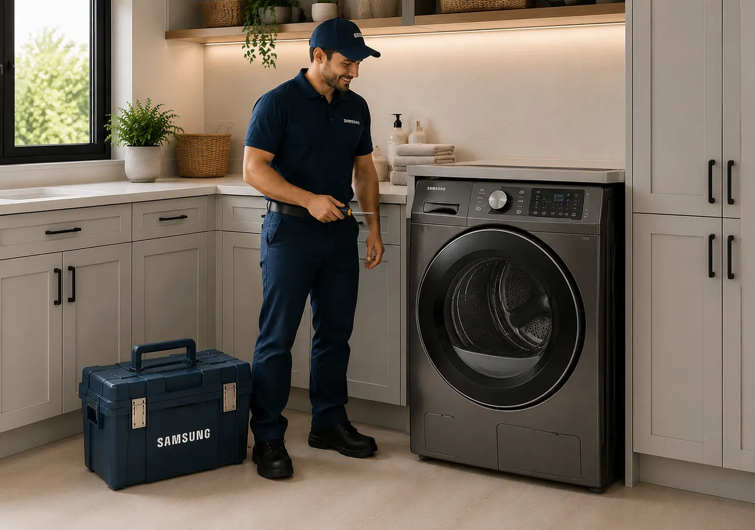 Samsung engineer servicing a tumble dryer in a laundry area